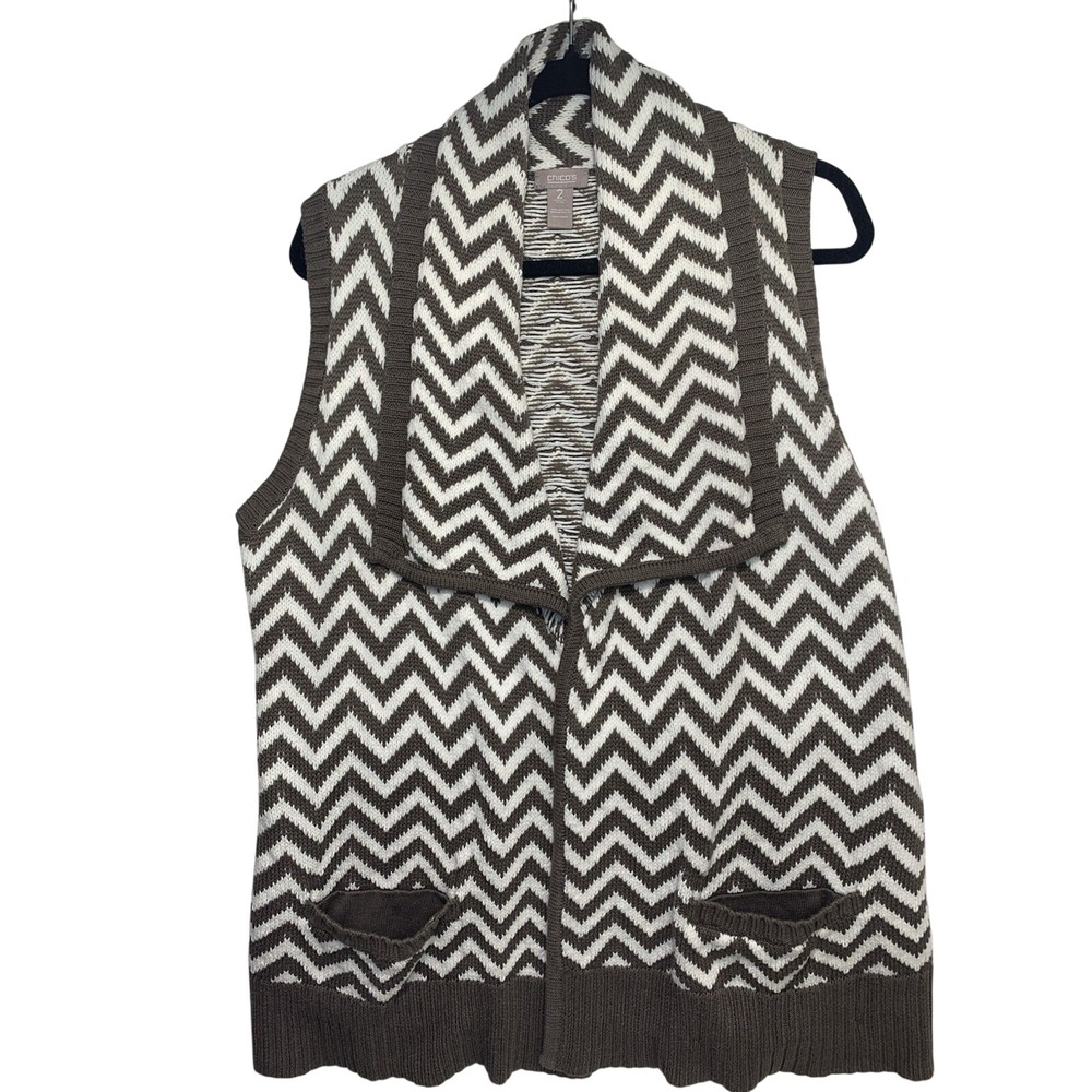 Chico's Sweater Vest‎ Women 2 Brown White Chevron Shawl Collar Knit Pockets